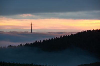 风力涡轮机在黎明被雾包围
